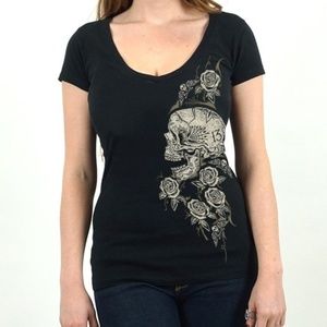 Lucky 13 Skull Rose Fitted V-Neck Top Rockabilly